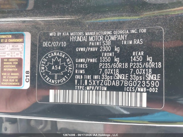 Aukcja sprzedaży 2011 Hyundai Santa Fe Gls, vin: 5XYZGDAB7BG023590, numer aukcji: 12674386