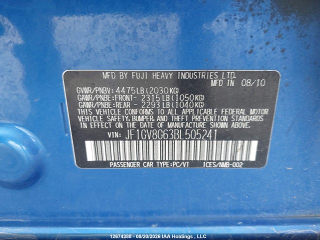 Aukcja sprzedaży 2011 Subaru Impreza, vin: JF1GV8G63BL505241, numer aukcji: 12674388