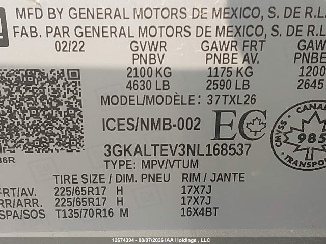 12674394 :رقم المزاد ، 3GKALTEV3NL168537 vin ، 2022 Gmc Terrain Sle مزاد بيع