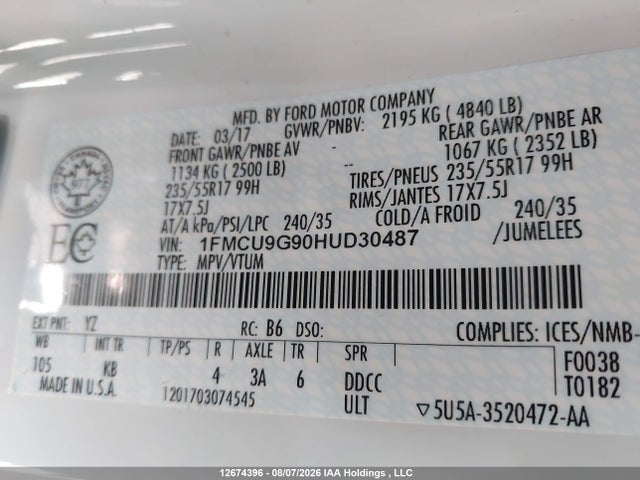 12674396 :رقم المزاد ، 1FMCU9G90HUD30487 vin ، 2017 Ford Escape Se مزاد بيع