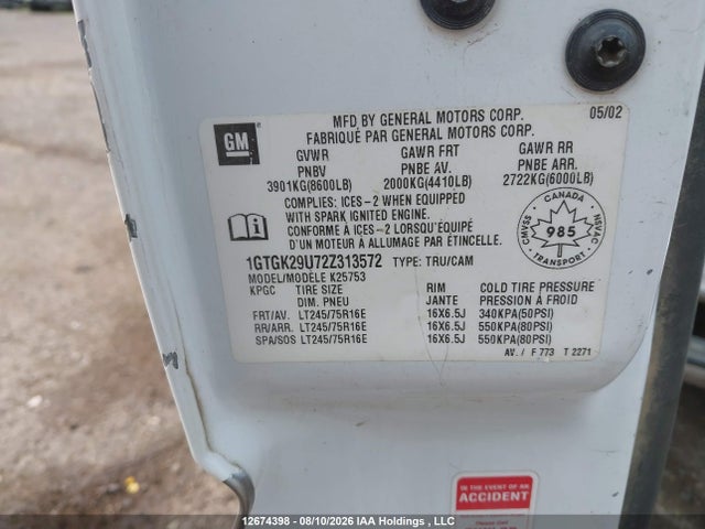 Aukcja sprzedaży 2002 Gmc New Sierra K2500, vin: 1GTGK29U72Z313572, numer aukcji: 12674398