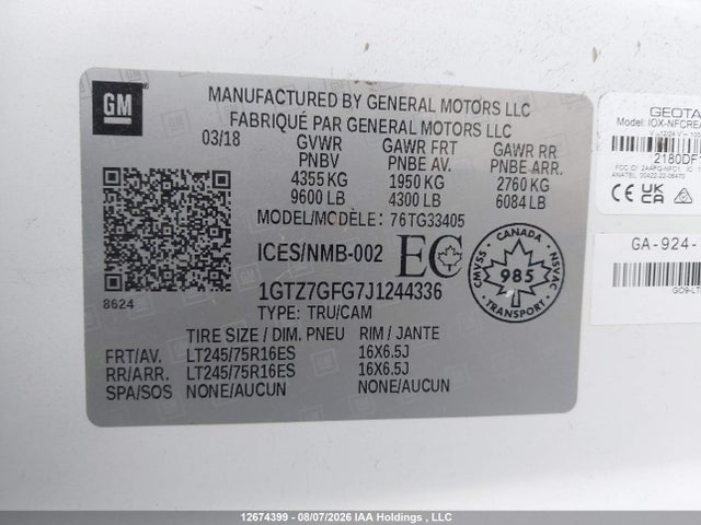 2018 Gmc Savana 3500 Standard მანქანა იყიდება აუქციონზე, vin: 1GTZ7GFG7J1244336, აუქციონის ნომერი: 12674399