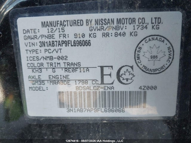 3N1AB7AP9FL696066 Nissan Sentra 1.8 S/1.8 Sl/1.8 Sr/1.8 Sv