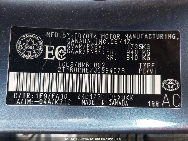 12674417 :رقم المزاد ، 2T1BURHE7JC984076 vin ، 2018 Toyota Corolla Ce مزاد بيع