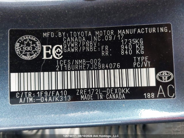 12674417 :رقم المزاد ، 2T1BURHE7JC984076 vin ، 2018 Toyota Corolla Ce مزاد بيع