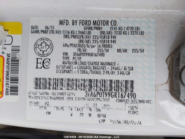 Ford FUSION SE 2016 3FA6P0T99GR167490 Image 9