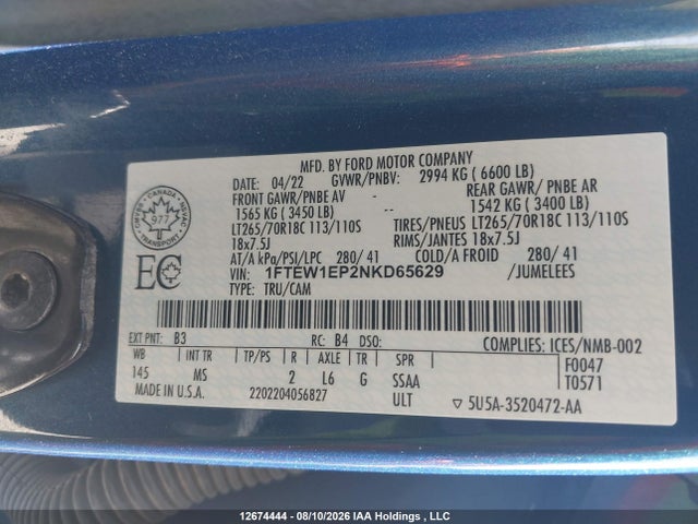 Aukcja sprzedaży 2022 Ford F150 Supercrew, vin: 1FTEW1EP2NKD65629, numer aukcji: 12674444