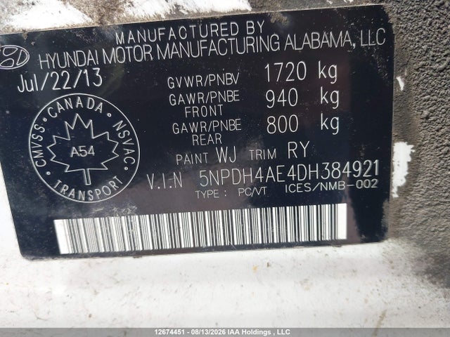 12674451 :رقم المزاد ، 5NPDH4AE4DH384921 vin ، 2013 Hyundai Elantra مزاد بيع