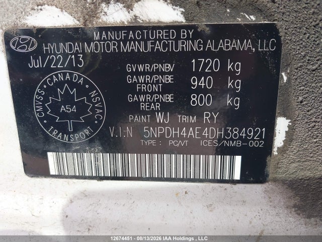 12674451 :رقم المزاد ، 5NPDH4AE4DH384921 vin ، 2013 Hyundai Elantra مزاد بيع