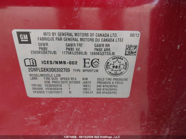 Продаж на аукціоні авто 2013 Chevrolet Equinox Ltz, vin: 2GNFLGEK9D6392789, номер лоту: 12674458