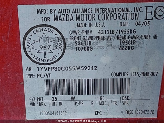 12674459 :رقم المزاد ، 1YVFP80C055M59242 vin ، 2005 Mazda 6 I مزاد بيع
