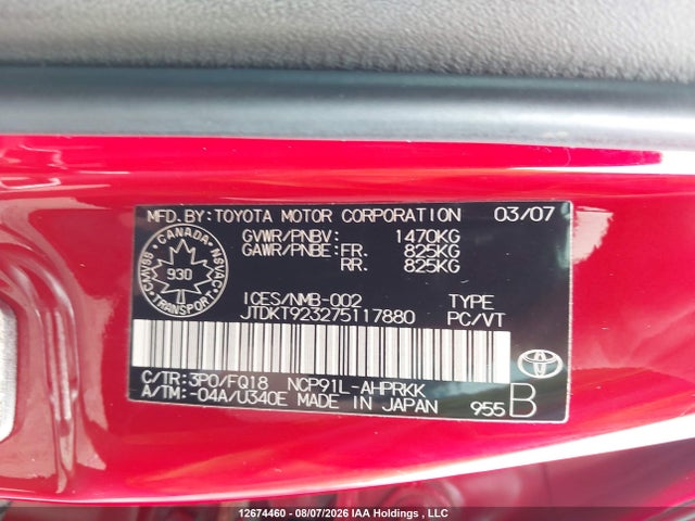 Продаж на аукціоні авто 2007 Toyota Yaris, vin: JTDKT923275117880, номер лоту: 12674460