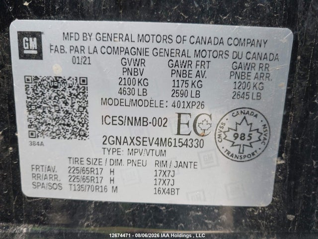 12674471 :رقم المزاد ، 2GNAXSEV4M6154330 vin ، 2021 Chevrolet Equinox Ls مزاد بيع