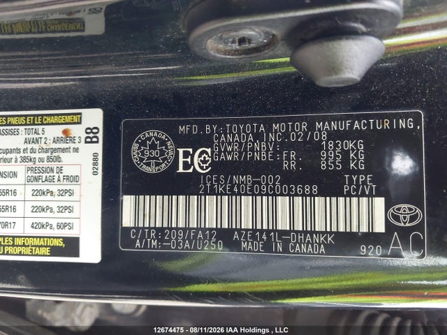 Продажа на аукционе авто 2009 Toyota Matrix Xr, vin: 2T1KE40E09C003688, номер лота: 12674475