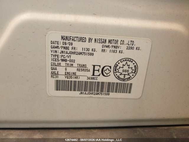 12674482 :رقم المزاد ، JN1AJ0HR2AM751599 vin ، 2010 Infiniti Ex35 Journey مزاد بيع