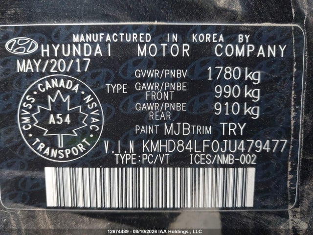 KMHD84LF0JU479477 Hyundai ELANTRA GL