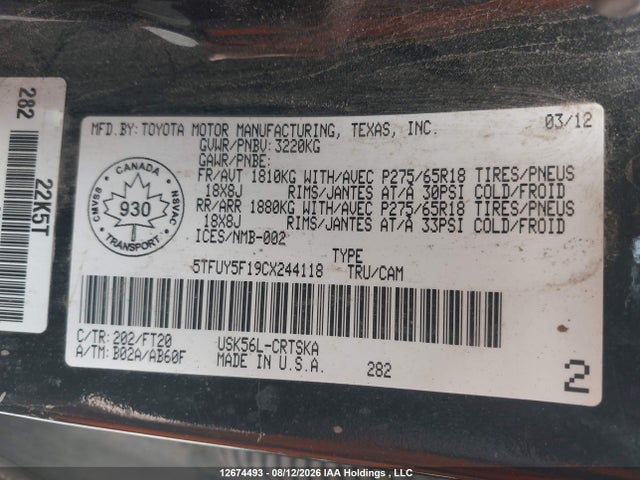 Продаж на аукціоні авто 2012 Toyota Tundra Sr5 5.7l V8, vin: 5TFUY5F19CX244118, номер лоту: 12674493