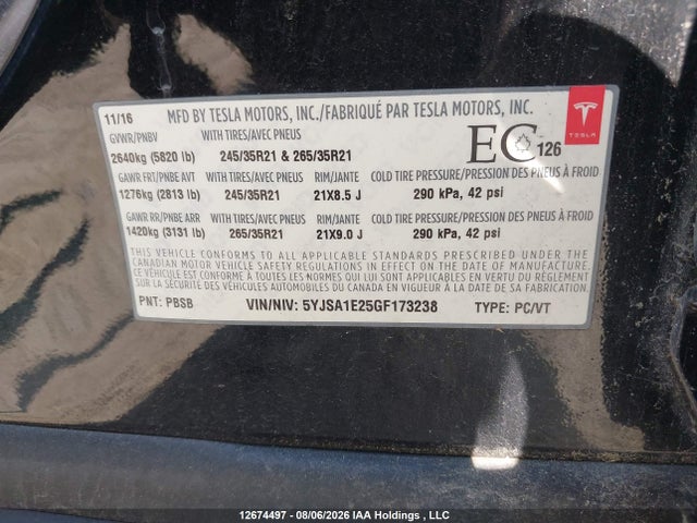 2016 Tesla Model S 60d/70d/75d/85d/90d მანქანა იყიდება აუქციონზე, vin: 5YJSA1E25GF173238, აუქციონის ნომერი: 12674497