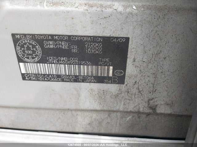 Aukcja sprzedaży 2009 Lexus Es 350 350, vin: JTHBJ46GX92319536, numer aukcji: 12674505