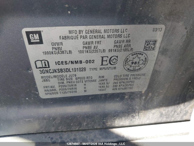 Продаж на аукціоні авто 2013 Chevrolet Trax Ls, vin: 3GNCJKSB3DL191028, номер лоту: 12674507