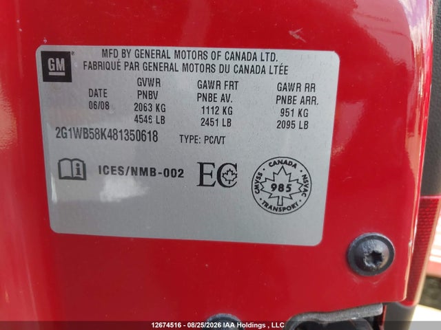 12674516 :رقم المزاد ، 2G1WB58K481350618 vin ، 2008 Chevrolet Impala Ls مزاد بيع
