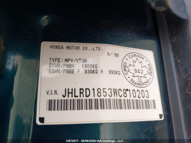 Продаж на аукціоні авто 1998 Honda Cr-v Ex, vin: JHLRD1853WC810203, номер лоту: 12674517