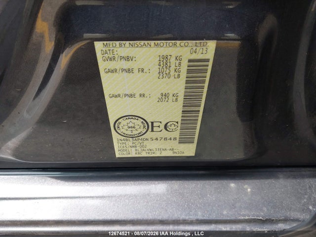Продажа на аукционе авто 2013 Nissan Altima, vin: 1N4BL3AP4DN547848, номер лота: 12674521
