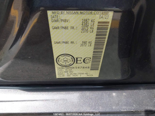 Продажа на аукционе авто 2013 Nissan Altima, vin: 1N4BL3AP4DN547848, номер лота: 12674521