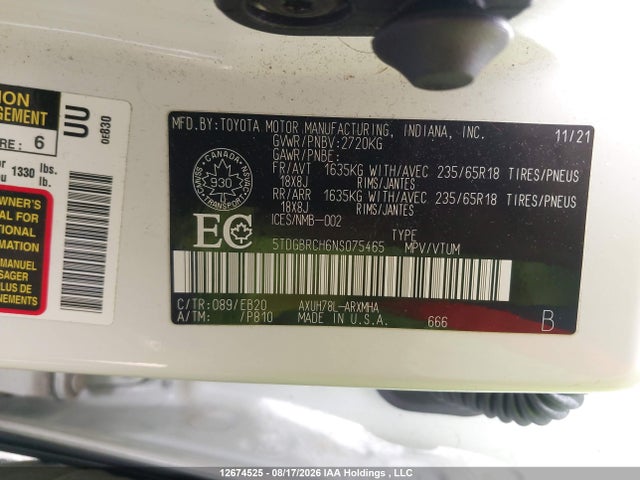 5TDGBRCH6NS075465 Toyota Highlander Hybrid Xle