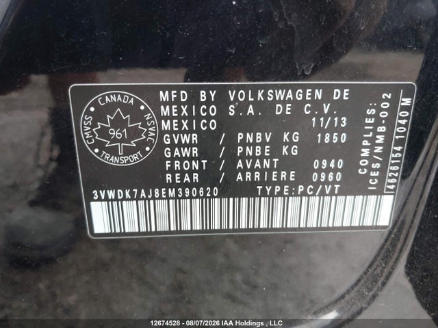 12674528 :رقم المزاد ، 3VWDK7AJ8EM390620 vin ، 2014 Volkswagen Jetta 2.0l Comfortline مزاد بيع