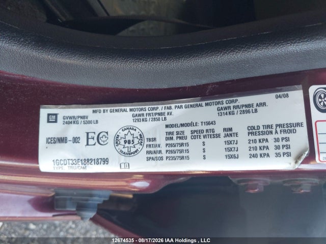 2008 Chevrolet Colorado Lt მანქანა იყიდება აუქციონზე, vin: 1GCDT33E188218799, აუქციონის ნომერი: 12674535