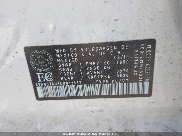 12674542 :رقم المزاد ، 3VWG57AU6KM013987 vin ، 2019 Volkswagen Golf 1.4 Tsi Comfortline/1.4 Tsi Execline/1.4 Tsi Highline مزاد بيع
