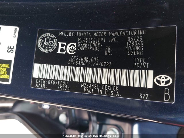 12674549 :رقم المزاد ، 5YFB4MDE7TP470787 vin ، 2026 Toyota Corolla Le Cvt مزاد بيع