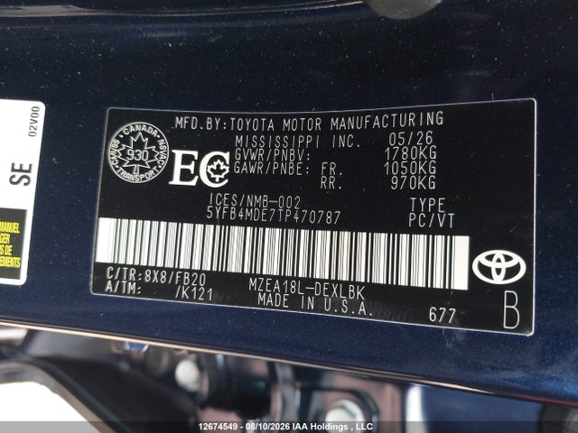 12674549 :رقم المزاد ، 5YFB4MDE7TP470787 vin ، 2026 Toyota Corolla Le Cvt مزاد بيع