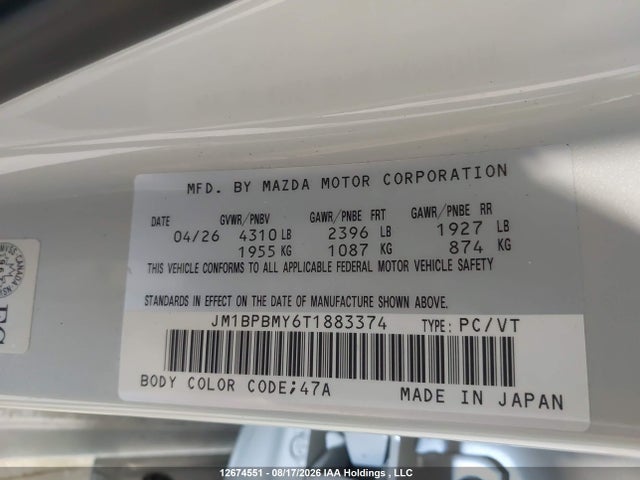 Aukcja sprzedaży 2026 Mazda 3 Gt, vin: JM1BPBMY6T1883374, numer aukcji: 12674551