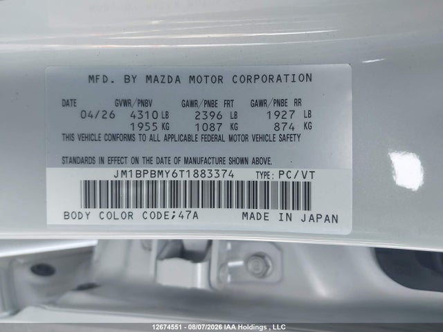 Aukcja sprzedaży 2026 Mazda 3 Gt, vin: JM1BPBMY6T1883374, numer aukcji: 12674551