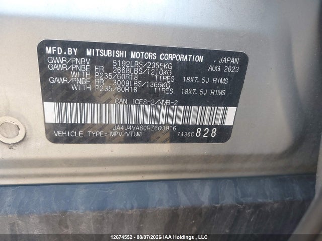 12674552 :رقم المزاد ، JA4J4VA80RZ603916 vin ، 2024 Mitsubishi Outlander Le/se/sel مزاد بيع