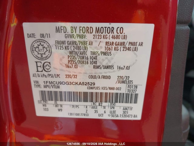 Продаж на аукціоні авто 2012 Ford Escape Xlt, vin: 1FMCU9DG3CKA52529, номер лоту: 12674556