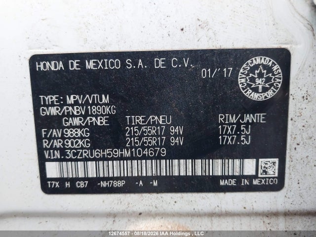 Honda HR-V EX 2017 3CZRU6H59HM104679 Image 9