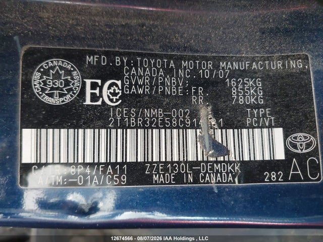 Aukcja sprzedaży 2008 Toyota Corolla, vin: 2T1BR32E58C914481, numer aukcji: 12674566