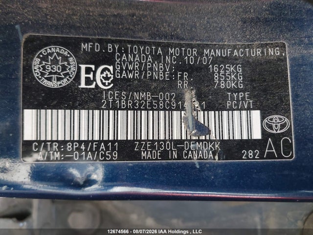 Aukcja sprzedaży 2008 Toyota Corolla, vin: 2T1BR32E58C914481, numer aukcji: 12674566