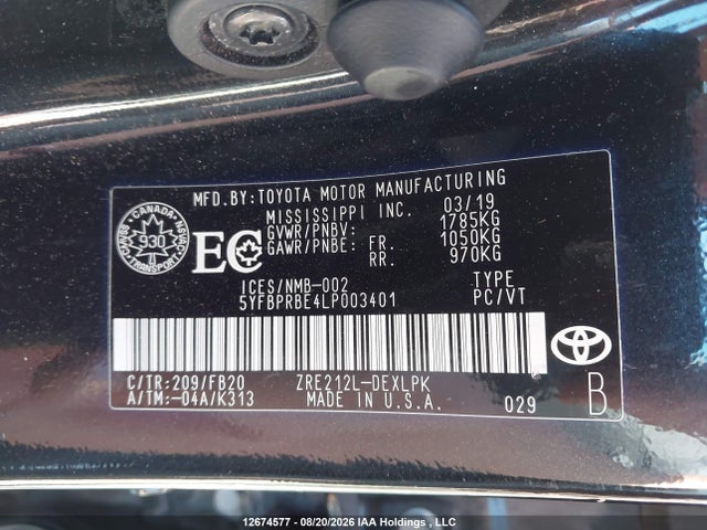5YFBPRBE4LP003401 Toyota COROLLA LE