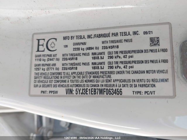 5YJ3E1EB7MF063456 Tesla MODEL 3