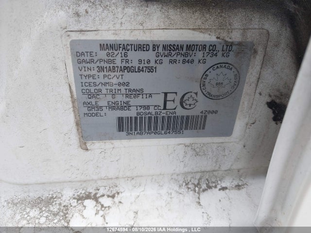 3N1AB7AP0GL647551 Nissan Sentra S/sv/sr/sl