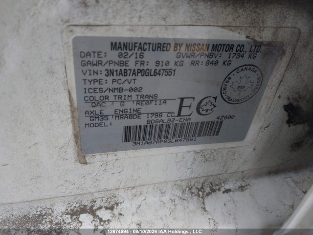 3N1AB7AP0GL647551 Nissan Sentra S/sv/sr/sl