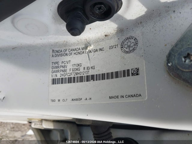 12674604 :رقم المزاد ، 2HGFC2F72MH012137 vin ، 2021 Honda Civic Sedan مزاد بيع