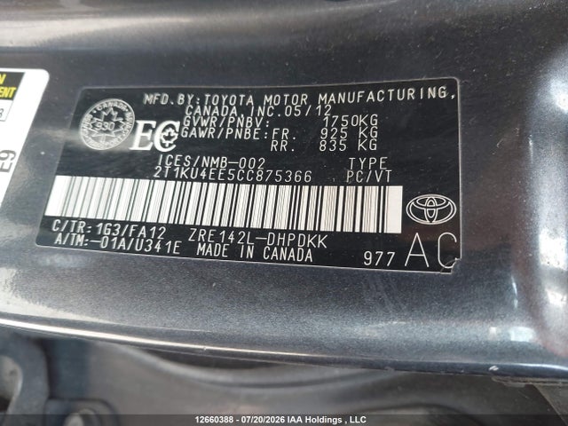 Продаж на аукціоні авто 2012 Toyota Matrix, vin: 2T1KU4EE5CC875366, номер лоту: 12660388
