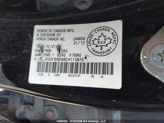 2012 Honda Civic Lx მანქანა იყიდება აუქციონზე, vin: 2HGFB2F48CH115876, აუქციონის ნომერი: 12660480