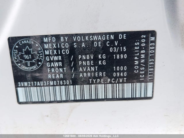 Aukcja sprzedaży 2015 Volkswagen Golf 1.8 Tsi Comfortline/1.8 Tsi Highline/1.8 Tsi Trendline, vin: 3VW217AU3FM076301, numer aukcji: 12661600
