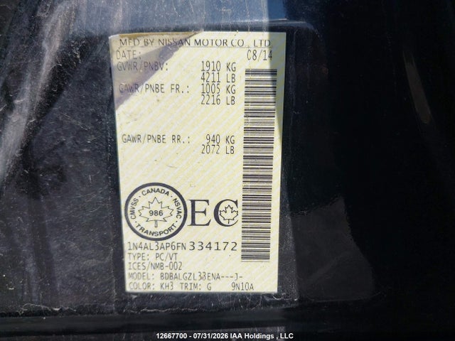Продажа на аукционе авто 2015 Nissan Altima 2.5/2.5 S/2.5 Sl/2.5 Sv, vin: 1N4AL3AP6FN334172, номер лота: 12667700